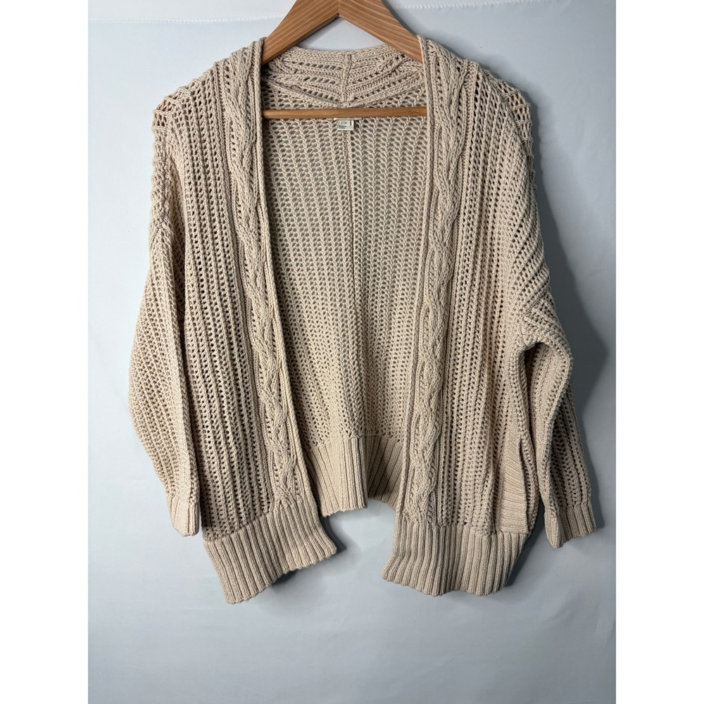 Reiss Open Knit Cable Trim Cardigan Sweater Sz S Beige Cotton Quiet Luxury Boho